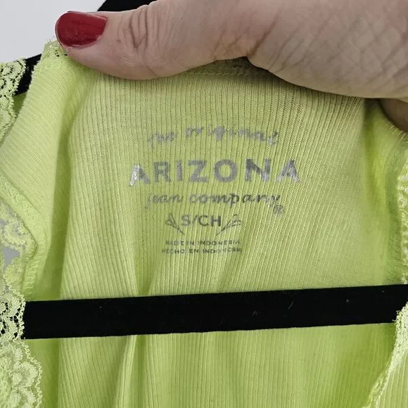 VTG Arizona Lime Green Ribbed Tank Top Lace Trim Sleeveless Cotton Cami‎ Y2K - Picture 4 of 7